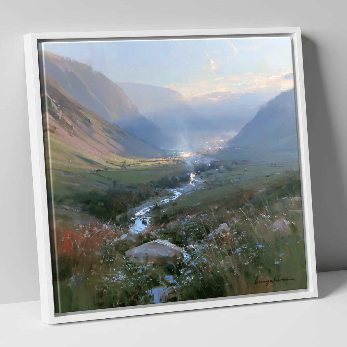 Valley Beck in Morning Haze lake district valley canvas wall art in white frame