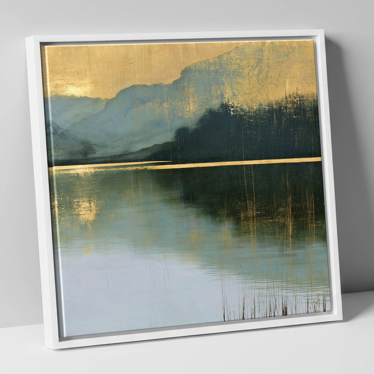 Still Lake Under Gilded Sky lake district lake canvas wall art in white frame