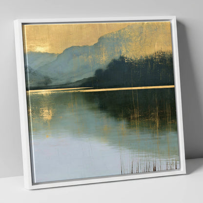 Still Lake Under Gilded Sky lake district lake canvas wall art in white frame
