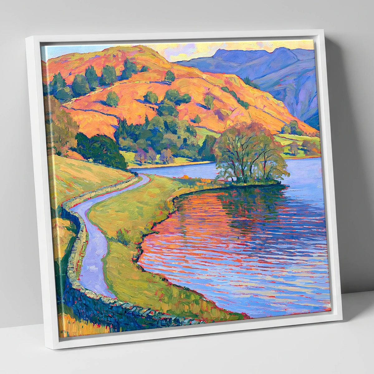 Sunlit Path Beside Rydal Water lake district lake canvas wall art in white frame