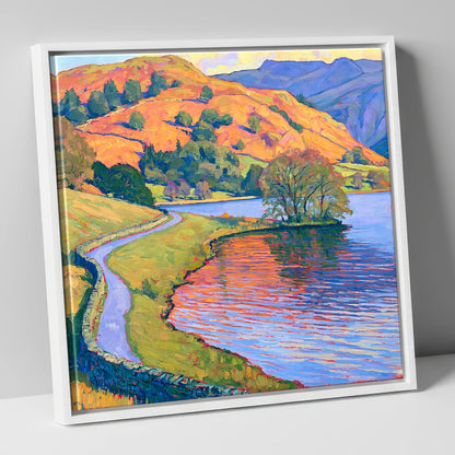 Sunlit Path Beside Rydal Water lake district lake canvas wall art in white frame