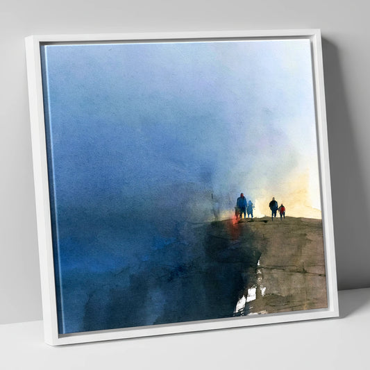 Walkers on a Stormy Fell Top lake district fell canvas wall art in white frame