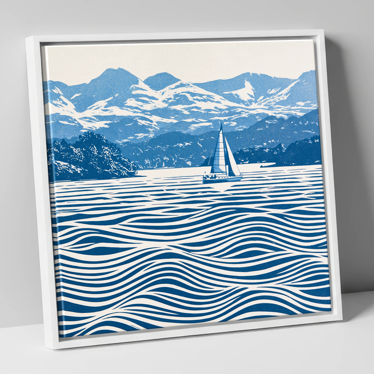 Windermere Sailboat in Cobalt Blue lake district lake canvas wall art in white frame