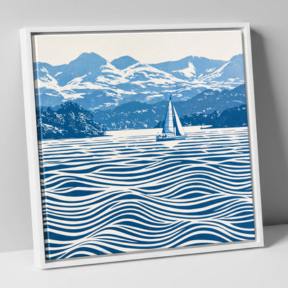 Windermere Sailboat in Cobalt Blue lake district lake canvas wall art in white frame