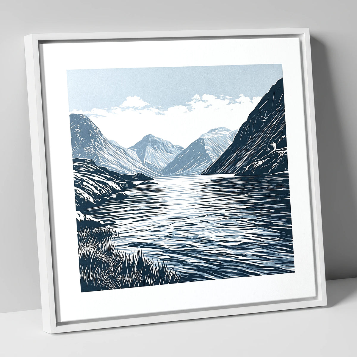 Wasdale Fells In Deep Navy lake district valley canvas wall art in white frame