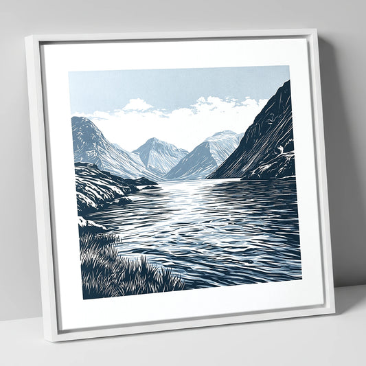 Wasdale Fells In Deep Navy lake district valley canvas wall art in white frame