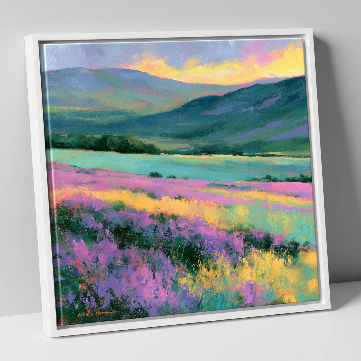 Purple Heather Fellside at Sunset flowers & fellsides canvas wall art in white frame