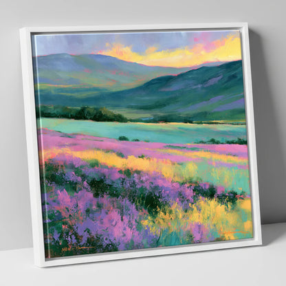 Purple Heather Fellside at Sunset flowers & fellsides canvas wall art in white frame