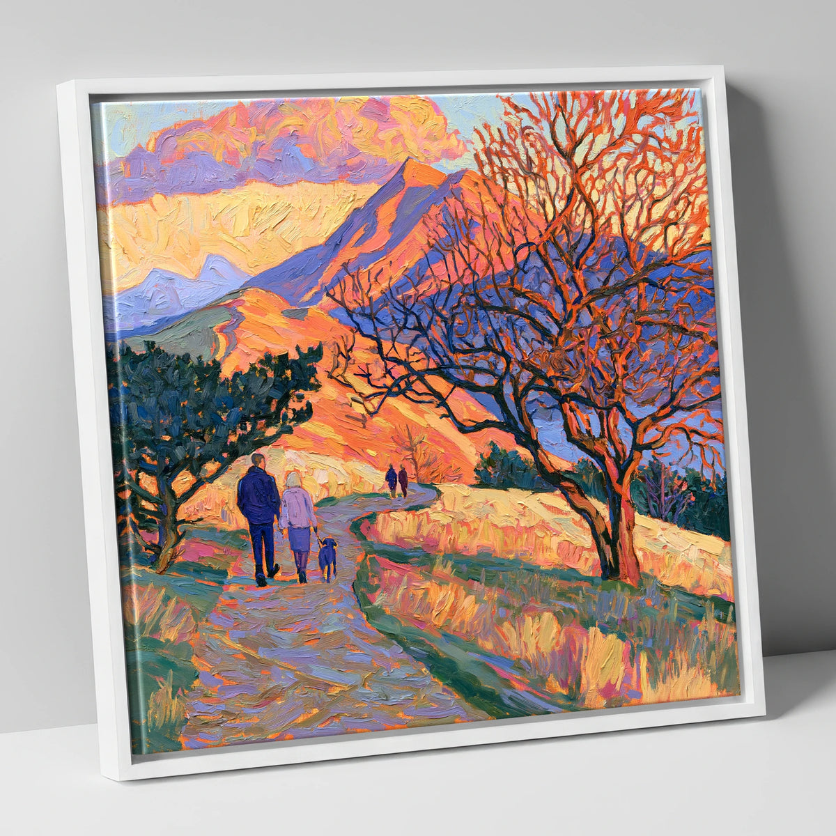 Sunset Dog Walk on Cat Bells gifts for dog walkers canvas wall art in white frame