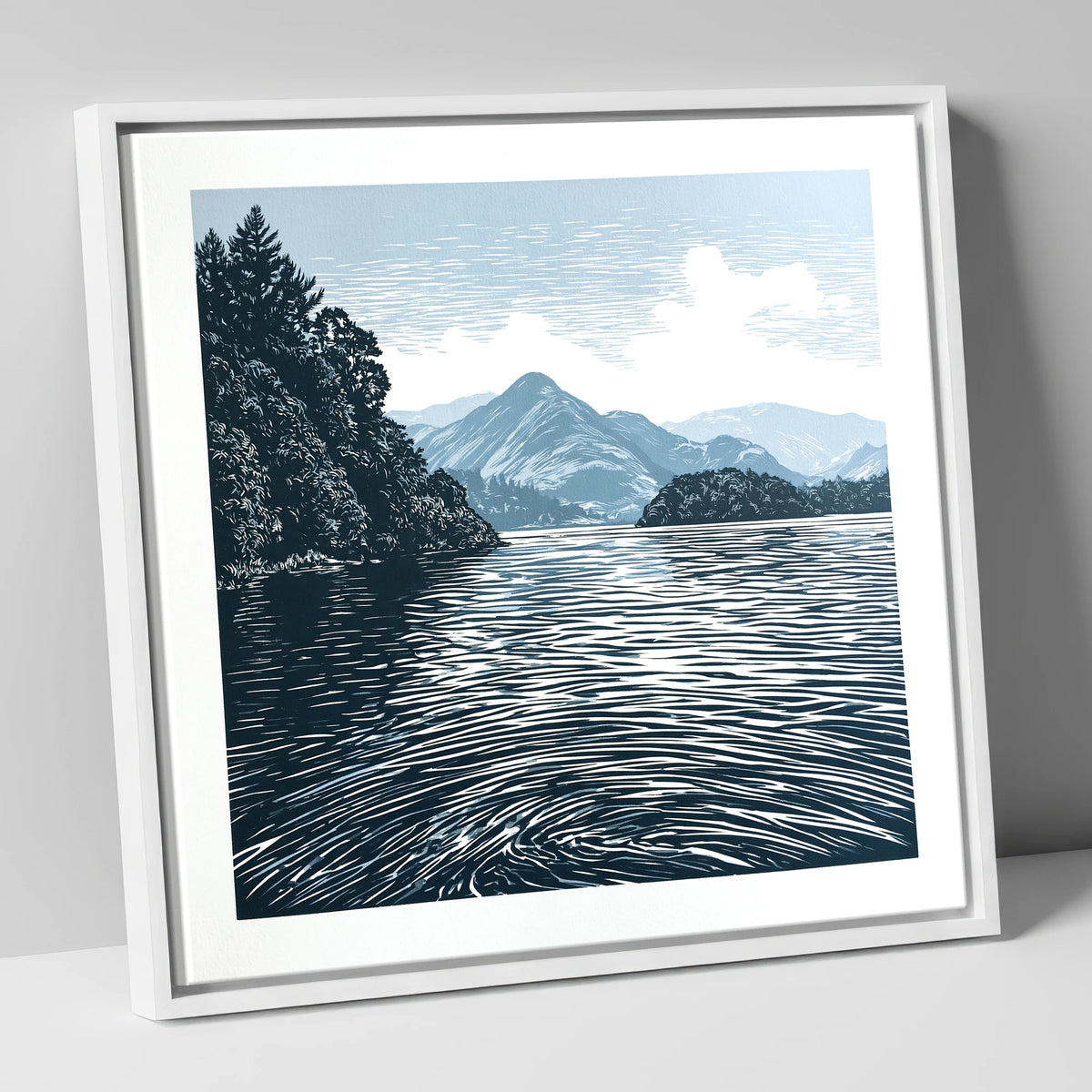 Derwentwater in Slate and Navy lake district lake canvas wall art in white frame