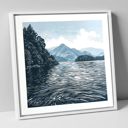 Derwentwater in Slate and Navy lake district lake canvas wall art in white frame