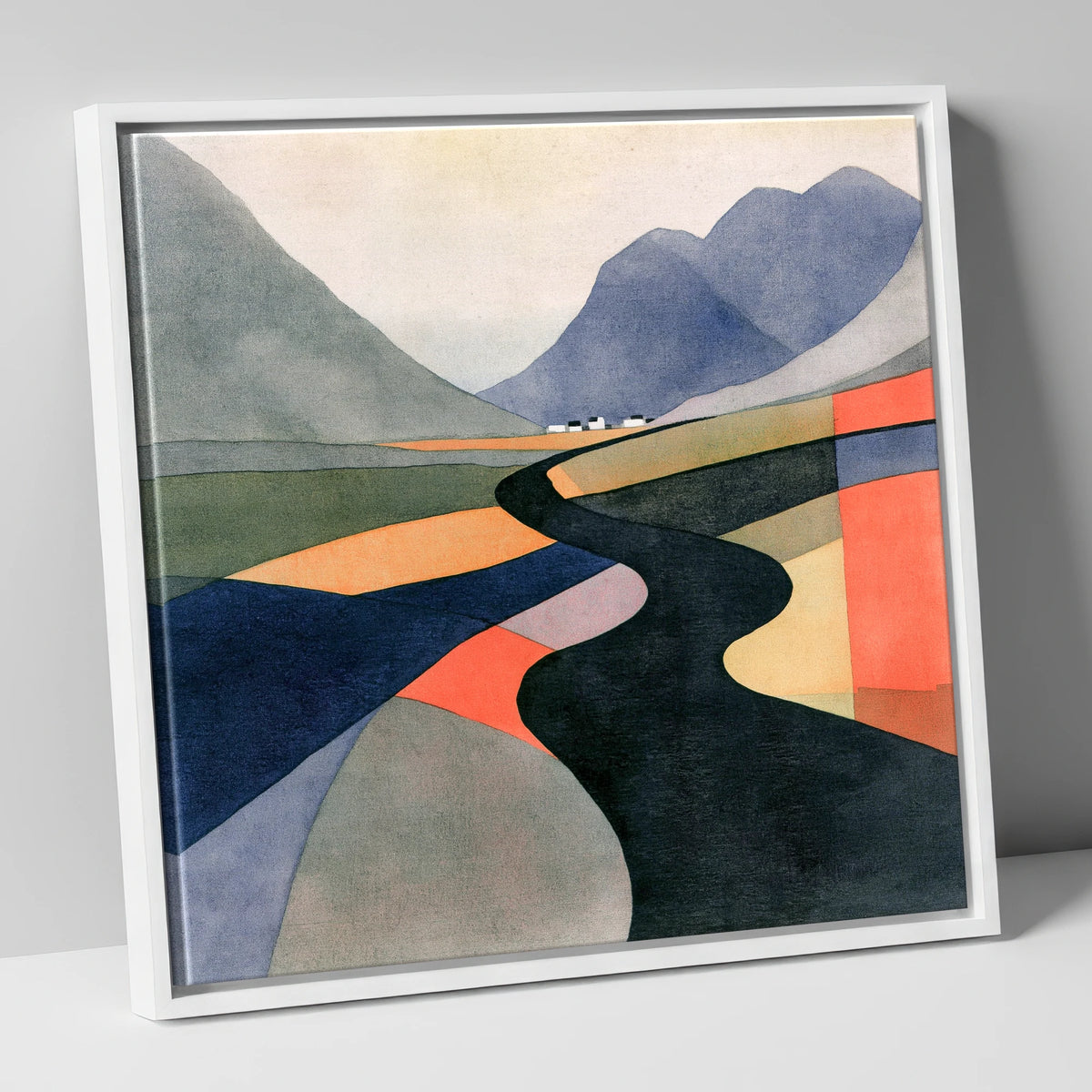 Winding River in Bold Colours lake district waterfall canvas wall art in white frame
