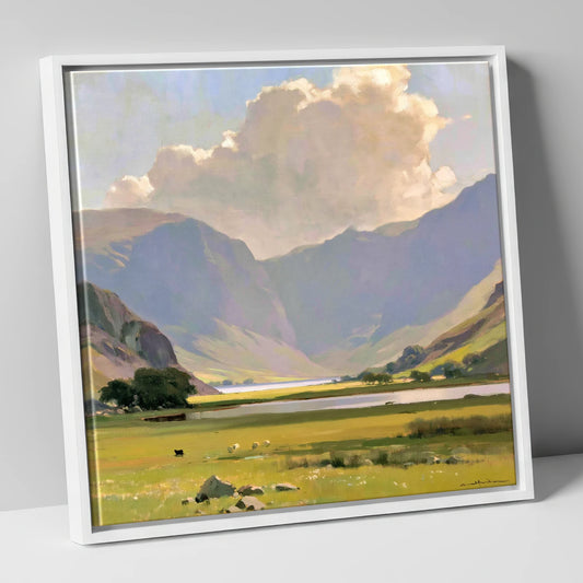 Sunlit Valley Below Distant Fells lake district valley canvas wall art in white frame