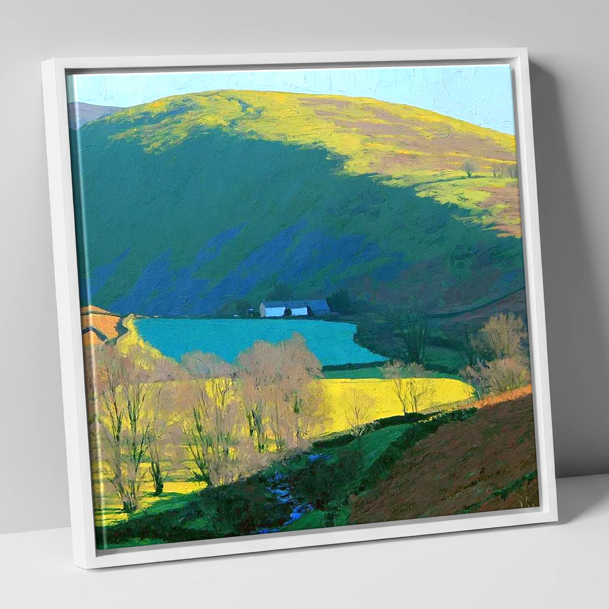 Vibrant Ling Fell Valley Farm lake district fell canvas wall art in white frame