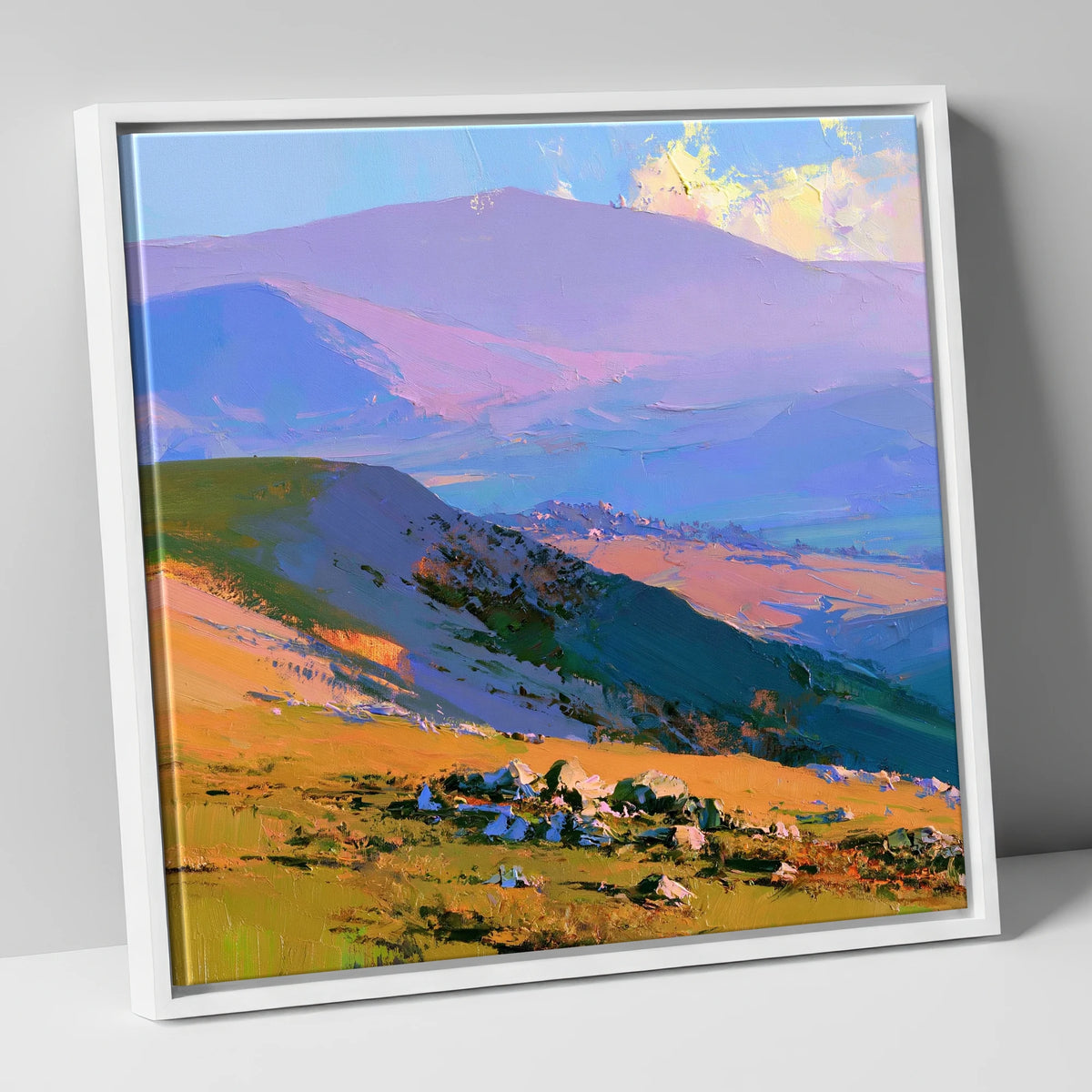 Sunlit Summit and Purple Fells lake district fell canvas wall art in white frame