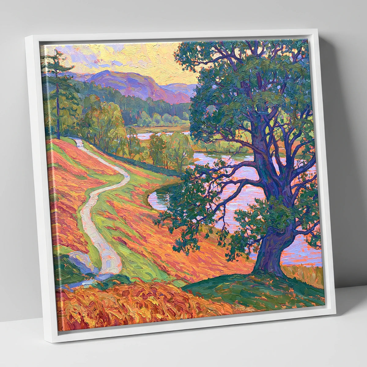 Vibrant Path at Tarn Hows lake district lake canvas wall art in white frame