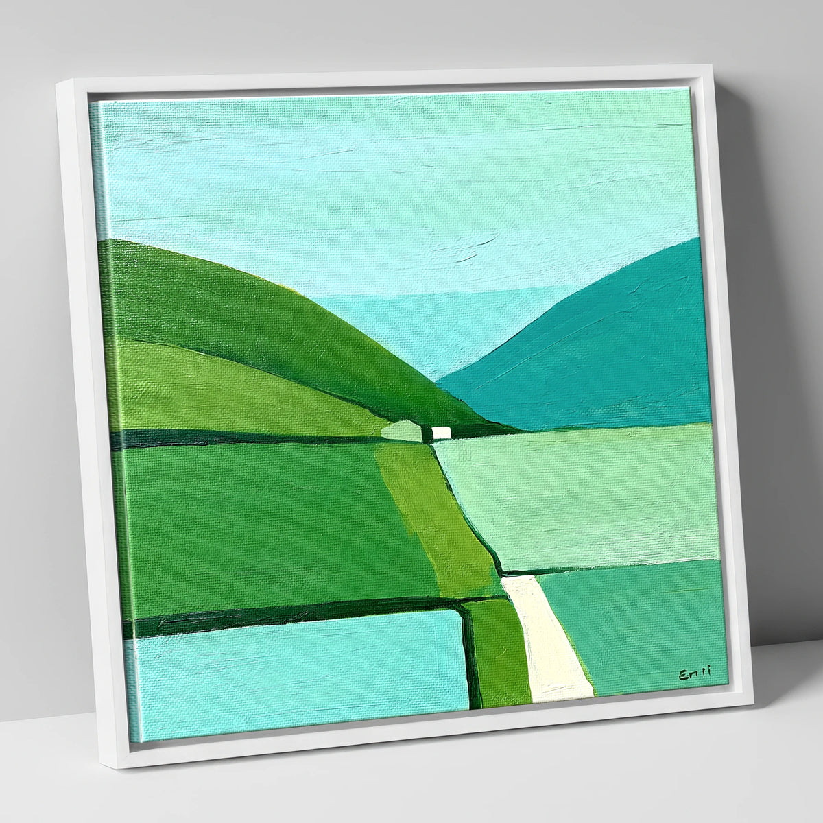 Geometric Green Valley Between Fells lake district valley canvas wall art in white frame