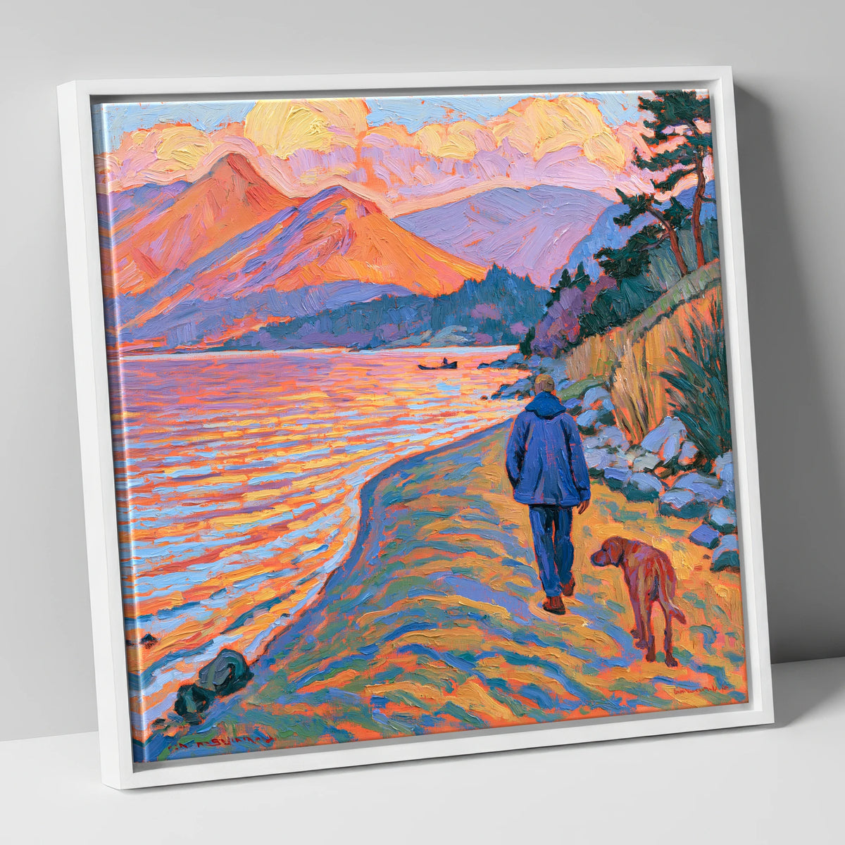 Vibrant Derwentwater Dog Walk gifts for dog walkers canvas wall art in white frame