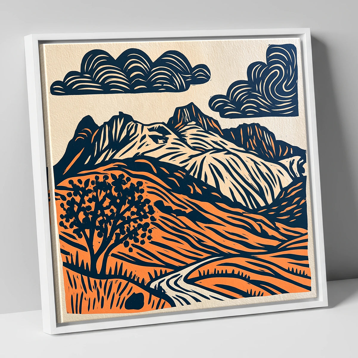 Langdale Pikes in Navy and Orange lake district fell canvas wall art in white frame
