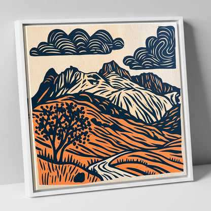 Langdale Pikes in Navy and Orange lake district fell canvas wall art in white frame
