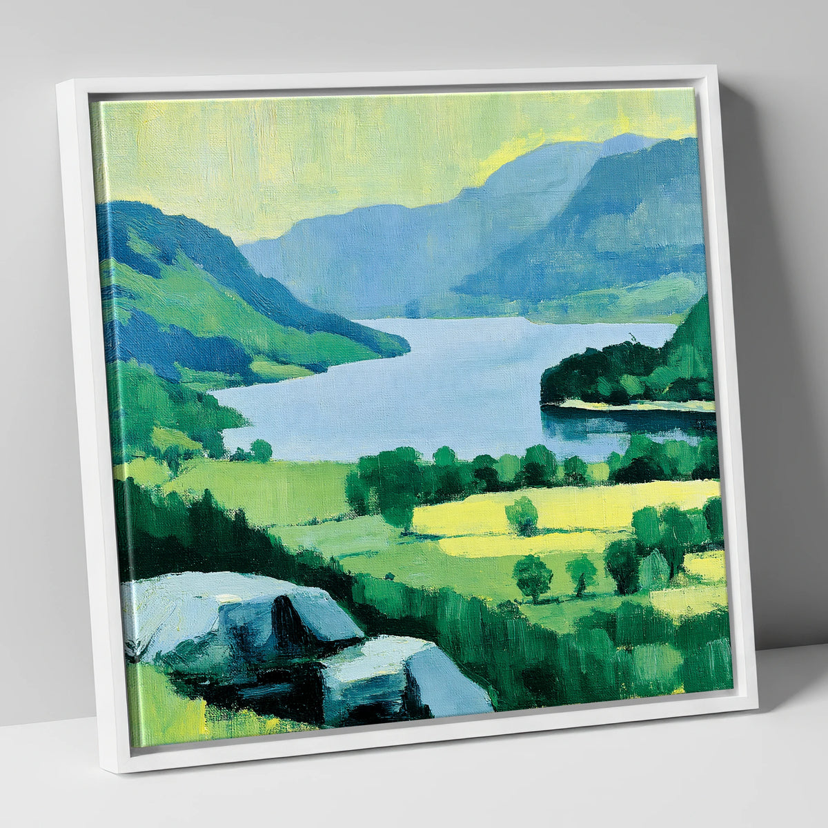 Gowbarrow Crag Over Ullswater lake district lake canvas wall art in white frame
