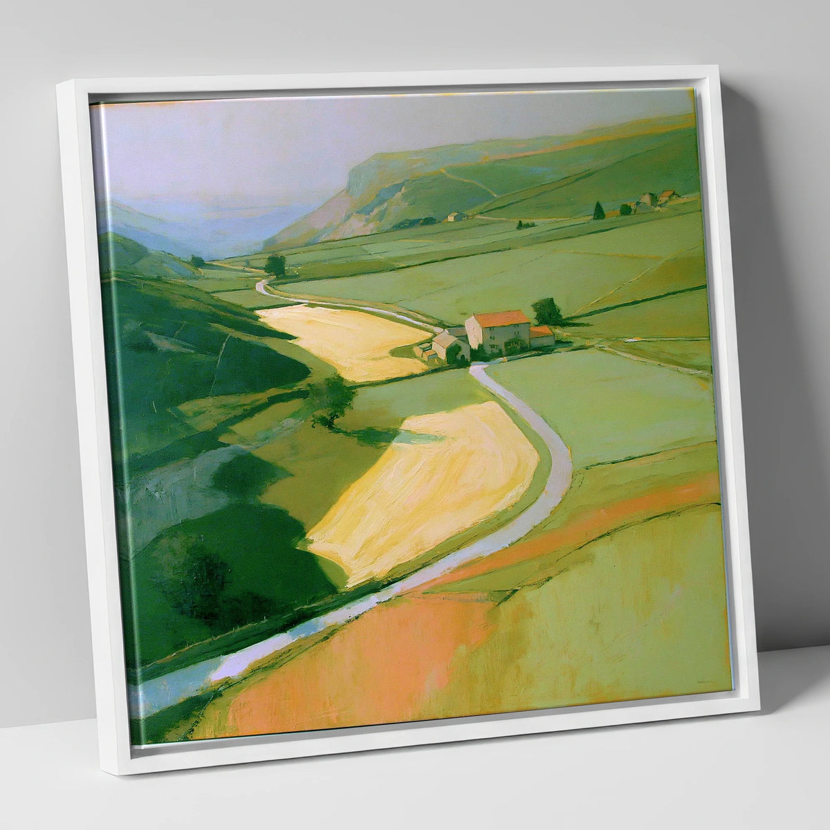 Valley Farm in Golden Light lake district valley canvas wall art in white frame