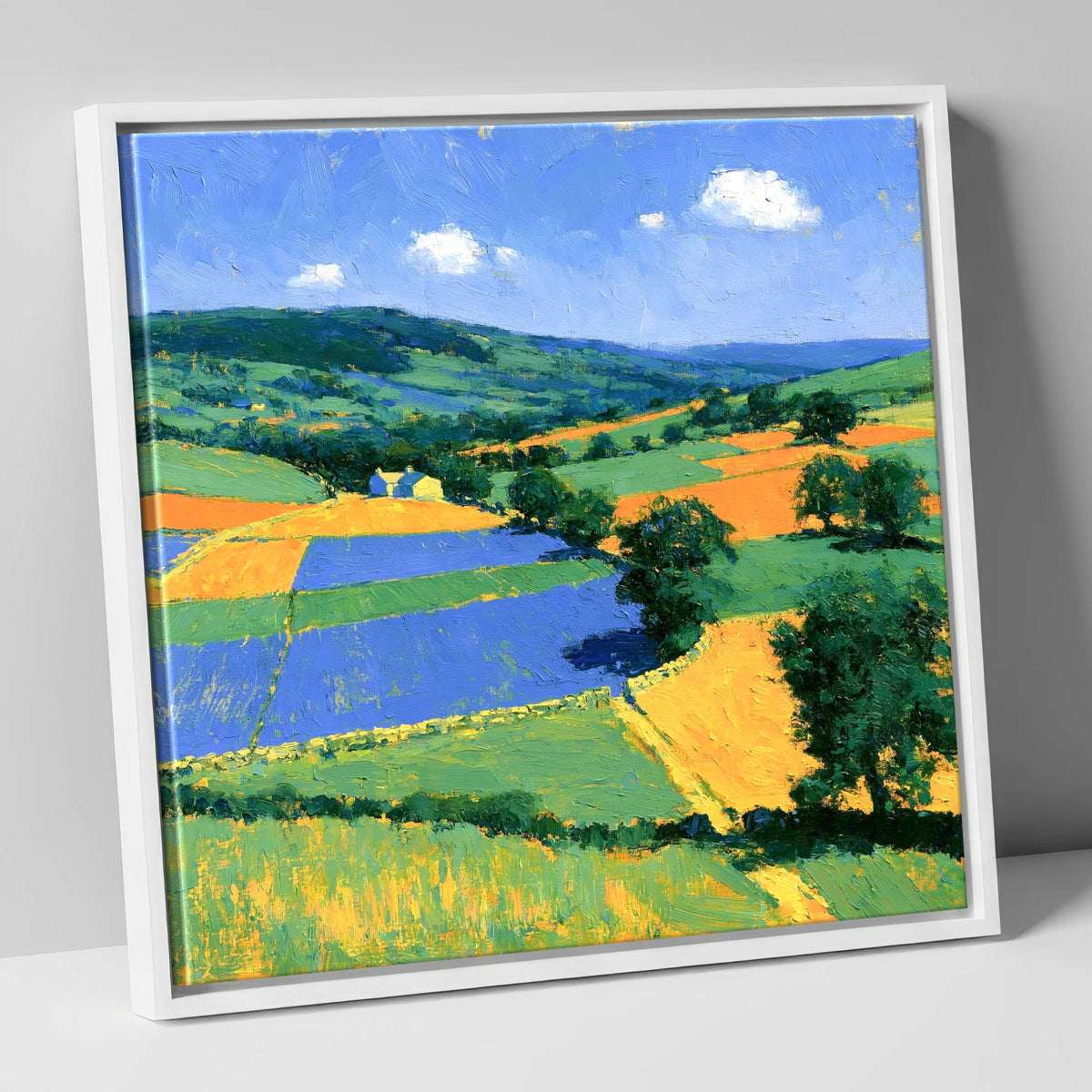 Colourful Dale Patchwork Fields lake district valley canvas wall art in white frame