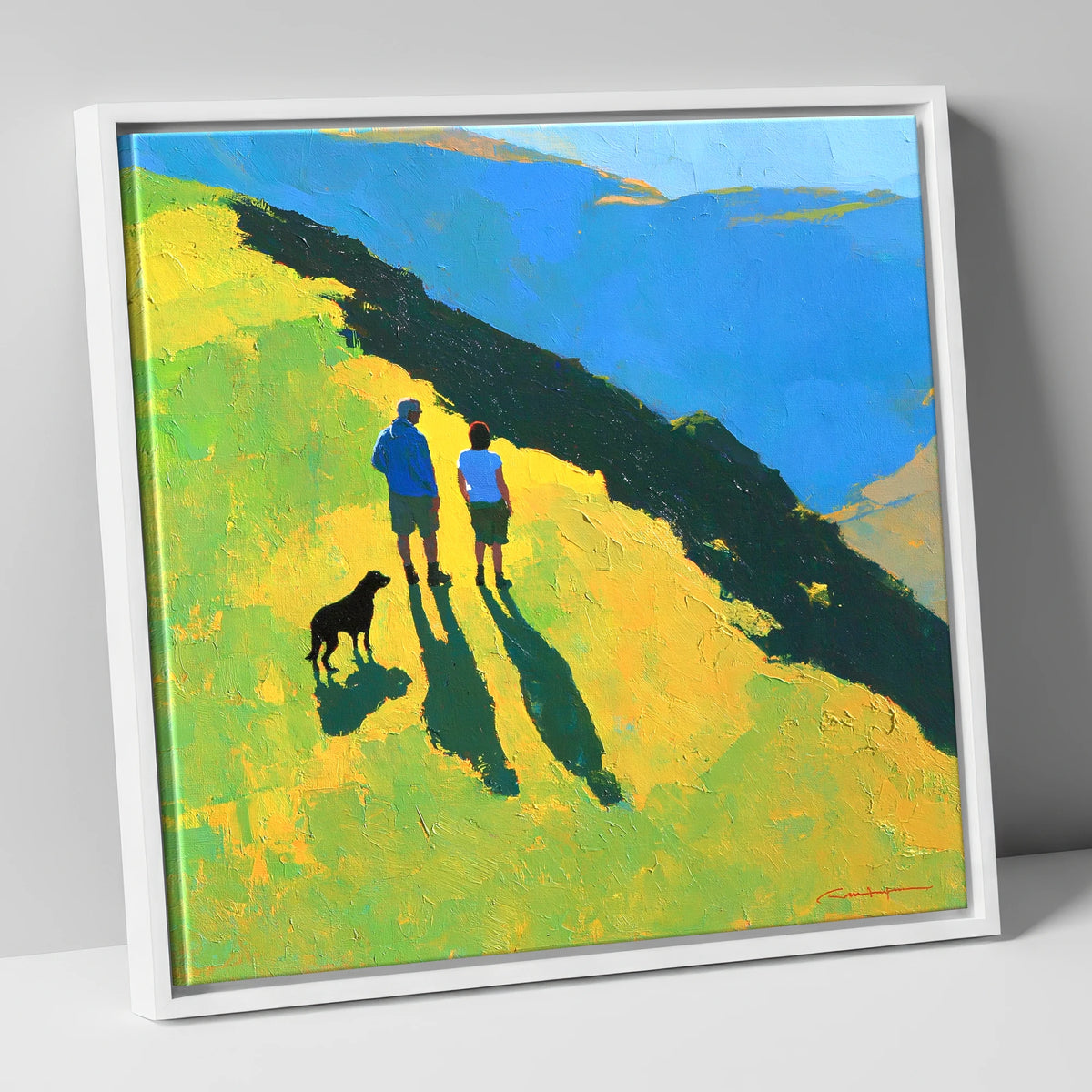 Sunlit Dog Walkers on Blencathra gifts for dog walkers canvas wall art in white frame