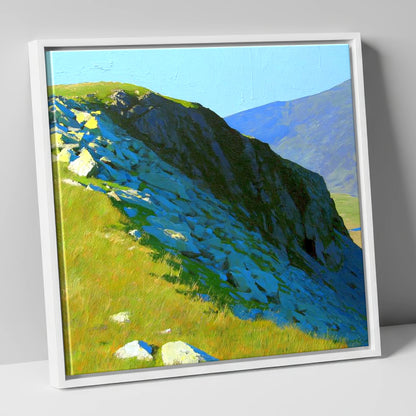 Sunlit Slopes on Rossett Pike lake district fell canvas wall art in white frame
