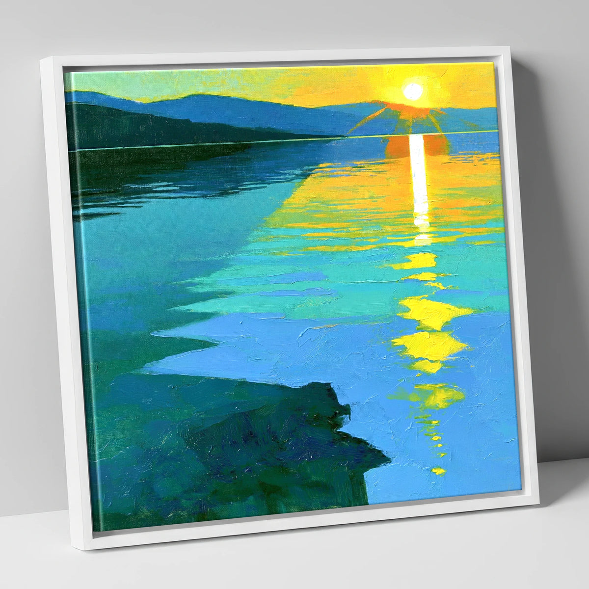 Ultramarine Sunset Over the Lake lake district lake canvas wall art in white frame