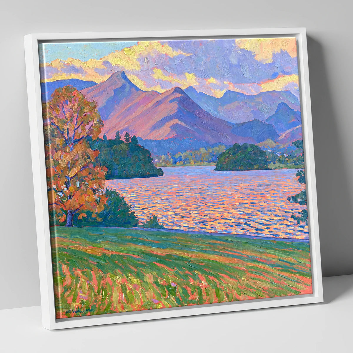 Radiant Derwentwater from Crow Park lake district village canvas wall art in white frame