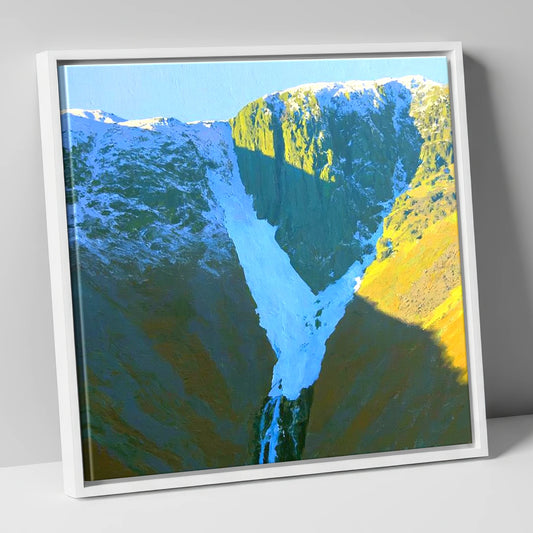 Snowy Crags of Nethermost Pike lake district fell canvas wall art in white frame