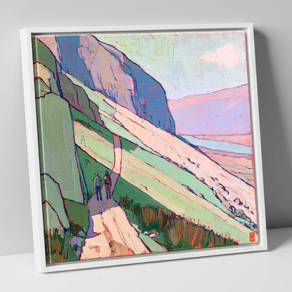 Textured Mountain Path With Walkers lake district walking canvas wall art in white frame