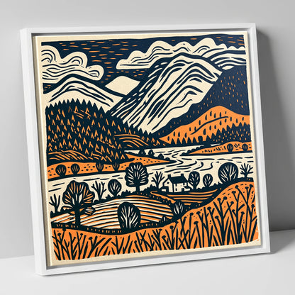 Grasmere Fells in Terracotta and Navy lake district lake canvas wall art in white frame