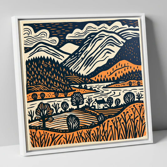 Grasmere Fells in Terracotta and Navy lake district lake canvas wall art in white frame