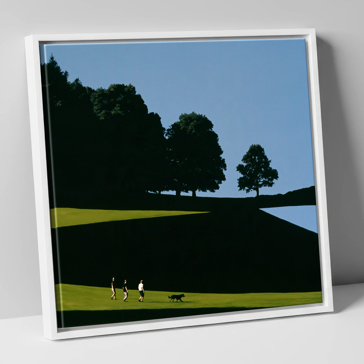 Tarn Hows Dog Walk Silhouettes gifts for dog walkers canvas wall art in white frame