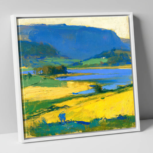 Golden Fields Beneath Blue Fells lake district lake canvas wall art in white frame