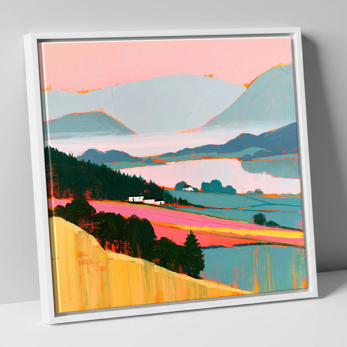 Pink Morning Valley Mist lake district sky canvas wall art in white frame