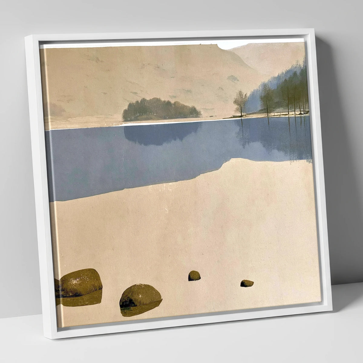 Mossy Boulders at Rydal Water lake district lake canvas wall art in white frame