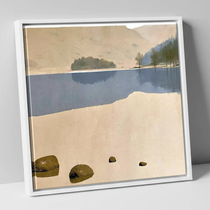 Mossy Boulders at Rydal Water lake district lake canvas wall art in white frame