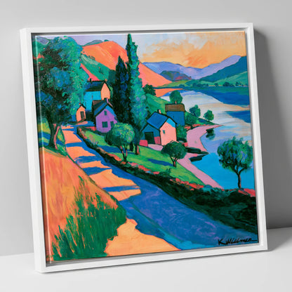 Vibrant Lakeside Village at Sunset lake district village canvas wall art in white frame