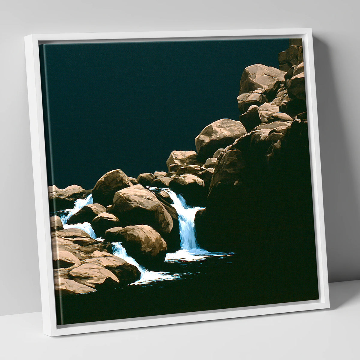 Tumbling Waterfall Among Sunlit Boulders lake district waterfall canvas wall art in white frame