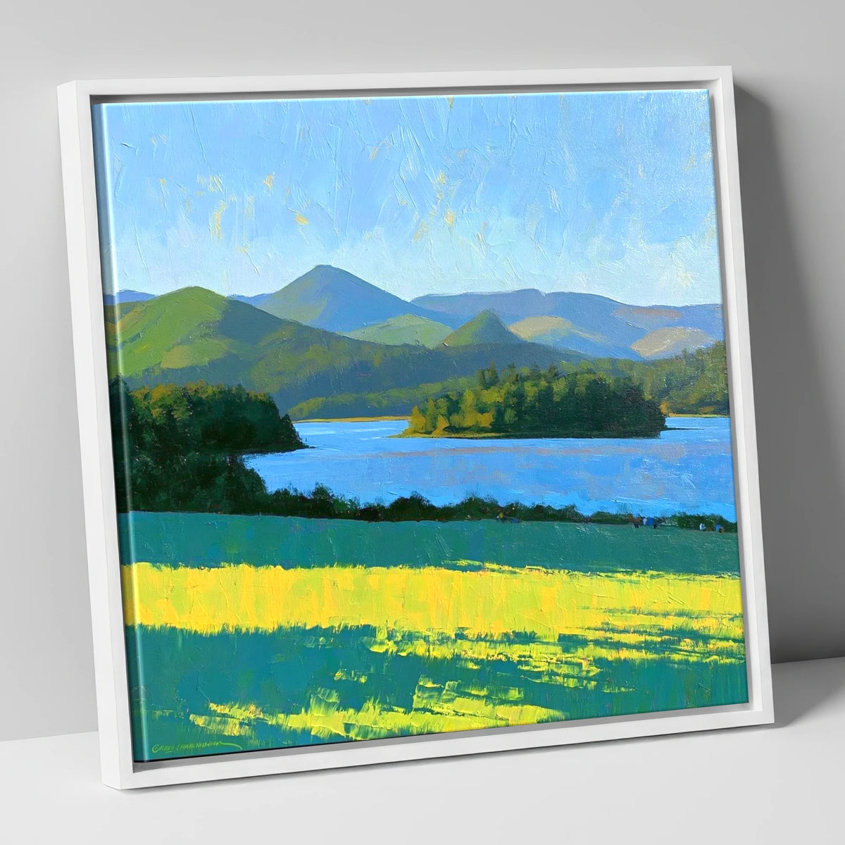 Sunlit Derwentwater From Crow Park lake district village canvas wall art in white frame