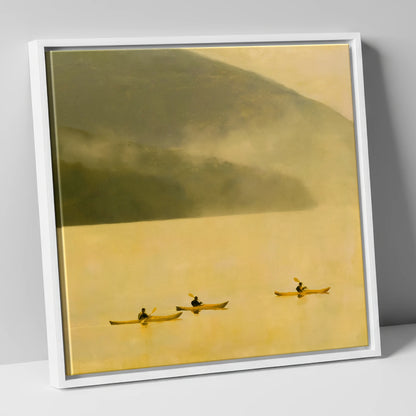 Lake Kayaking in Golden Mist lake district walking canvas wall art in white frame