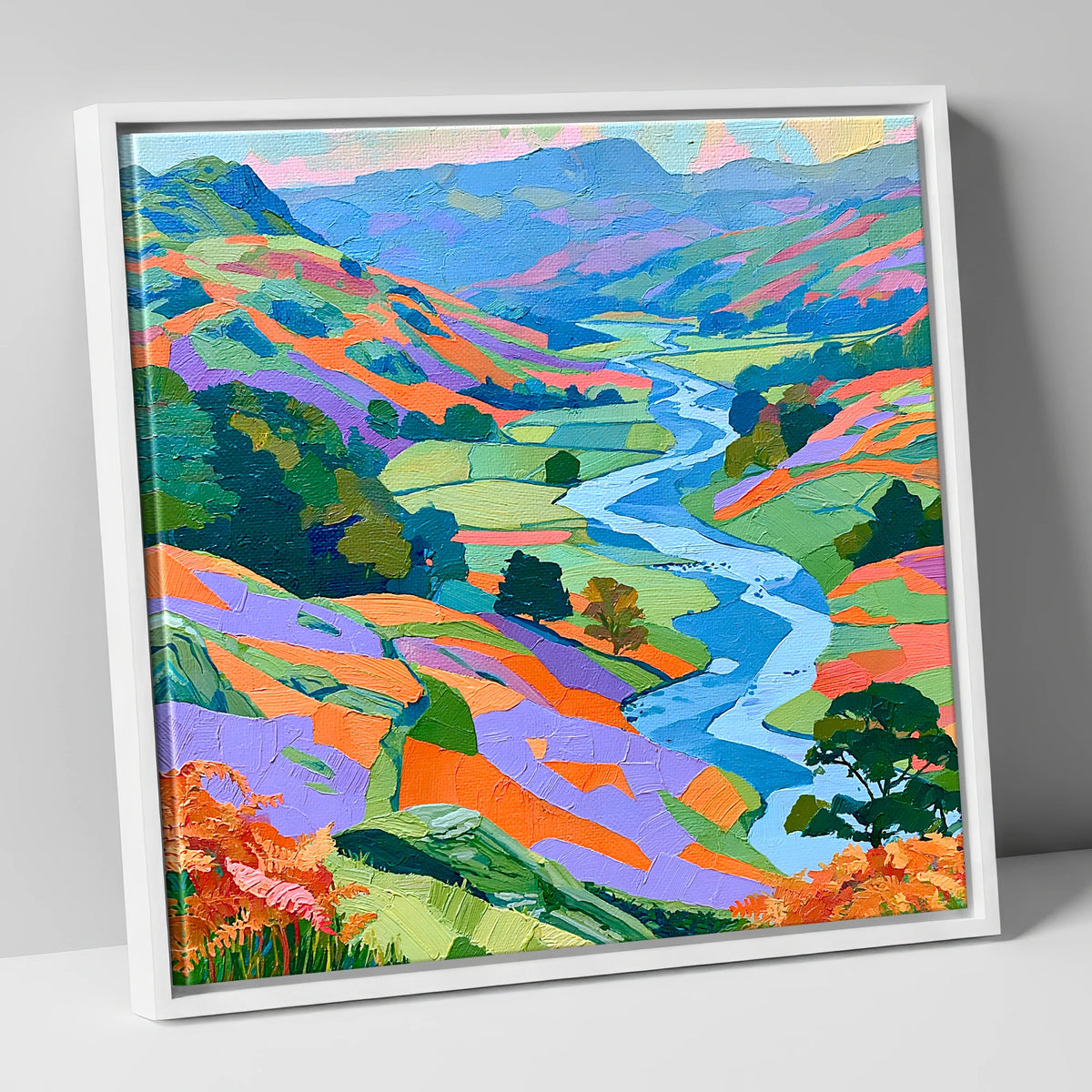 Vibrant Lake District River Valley lake district waterfall canvas wall art in white frame