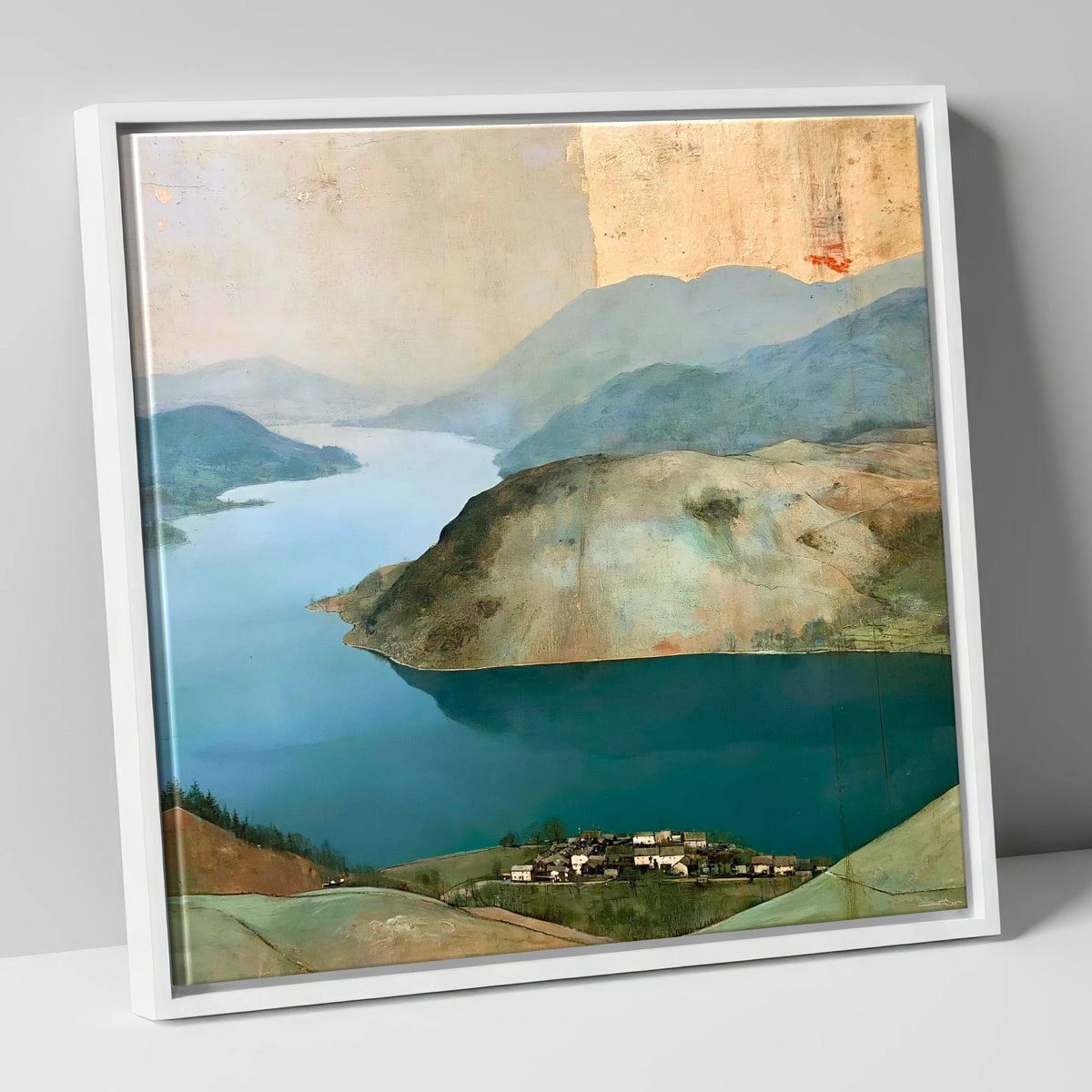 Glenridding Under A Golden Sky lake district village canvas wall art in white frame