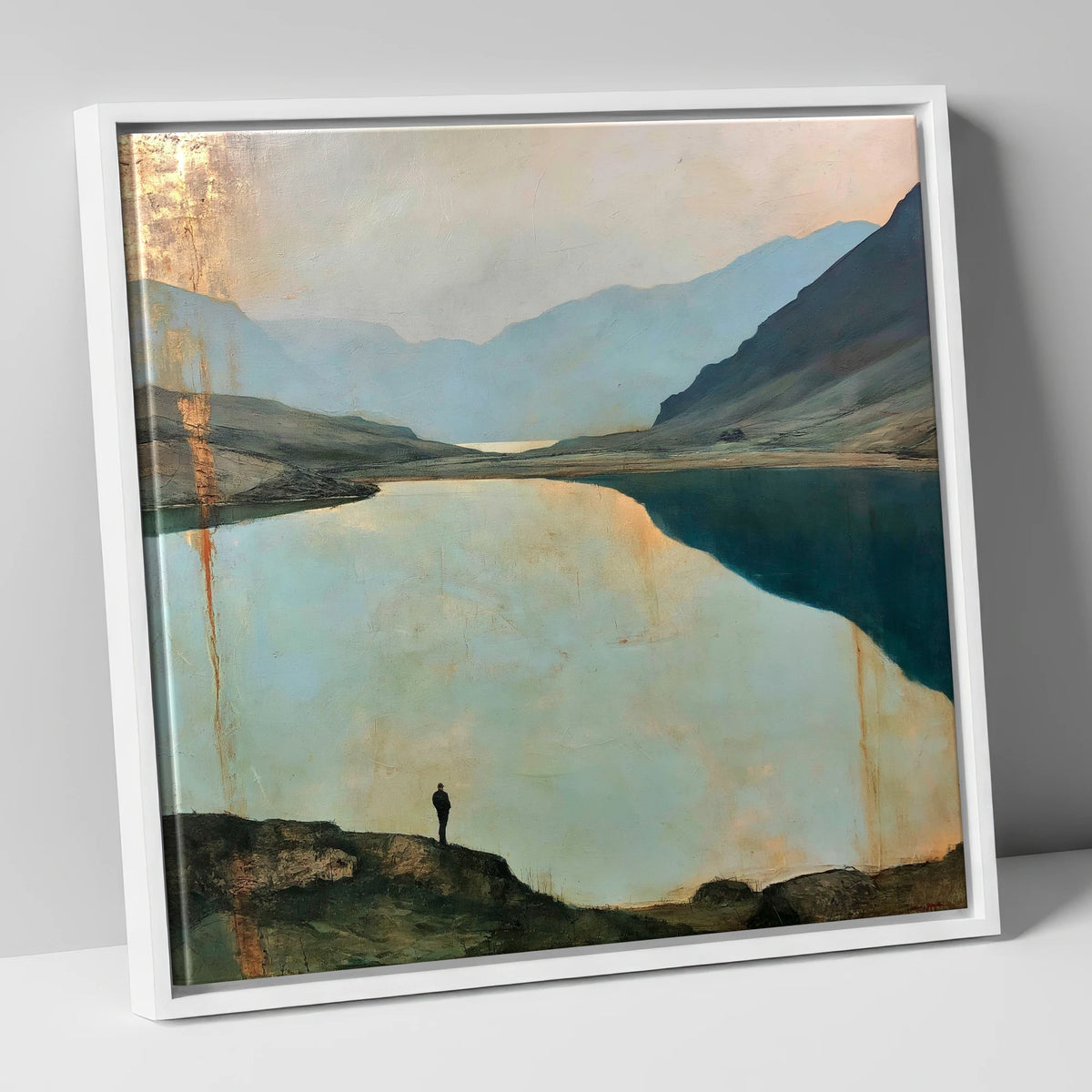 Silhouetted Walker at Innominate Tarn lake district fell canvas wall art in white frame