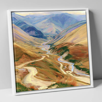 Winding Mountain Pass and Beck lake district valley canvas wall art in white frame