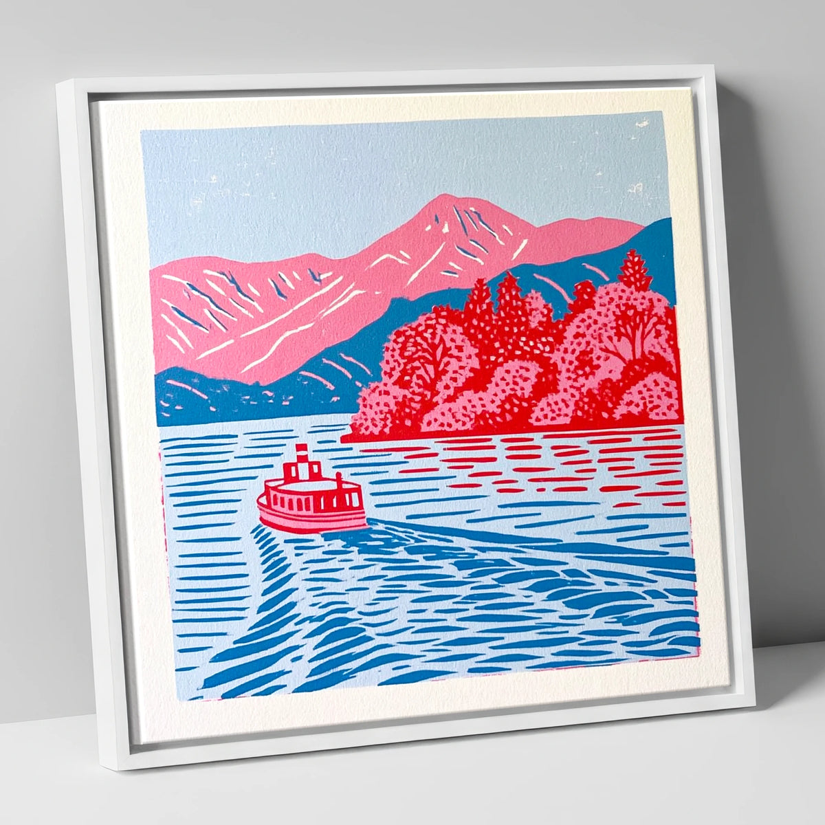 Vibrant Derwentwater Boat and Fells lake district lake canvas wall art in white frame