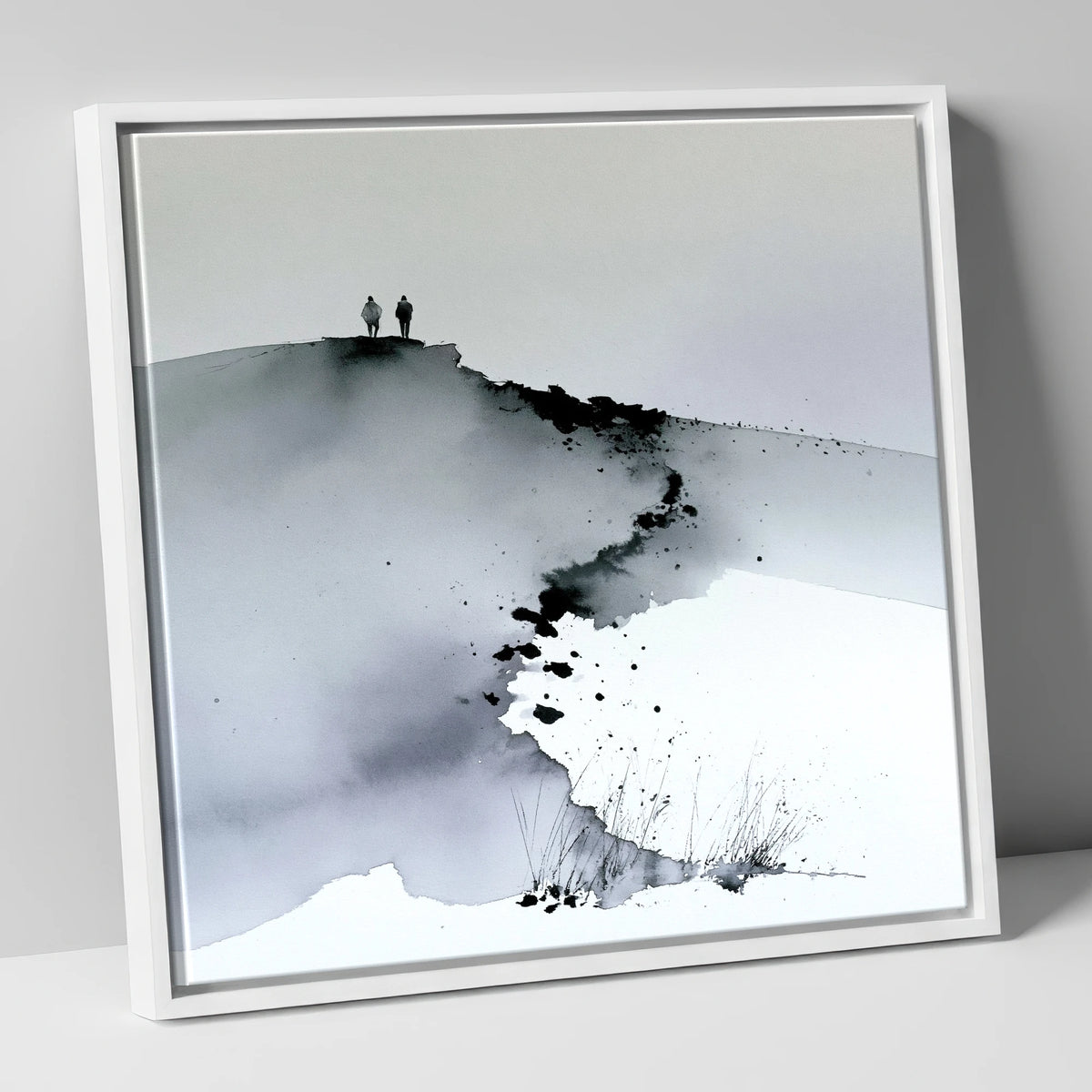 Monochrome Fell Top Hikers lake district fell canvas wall art in white frame